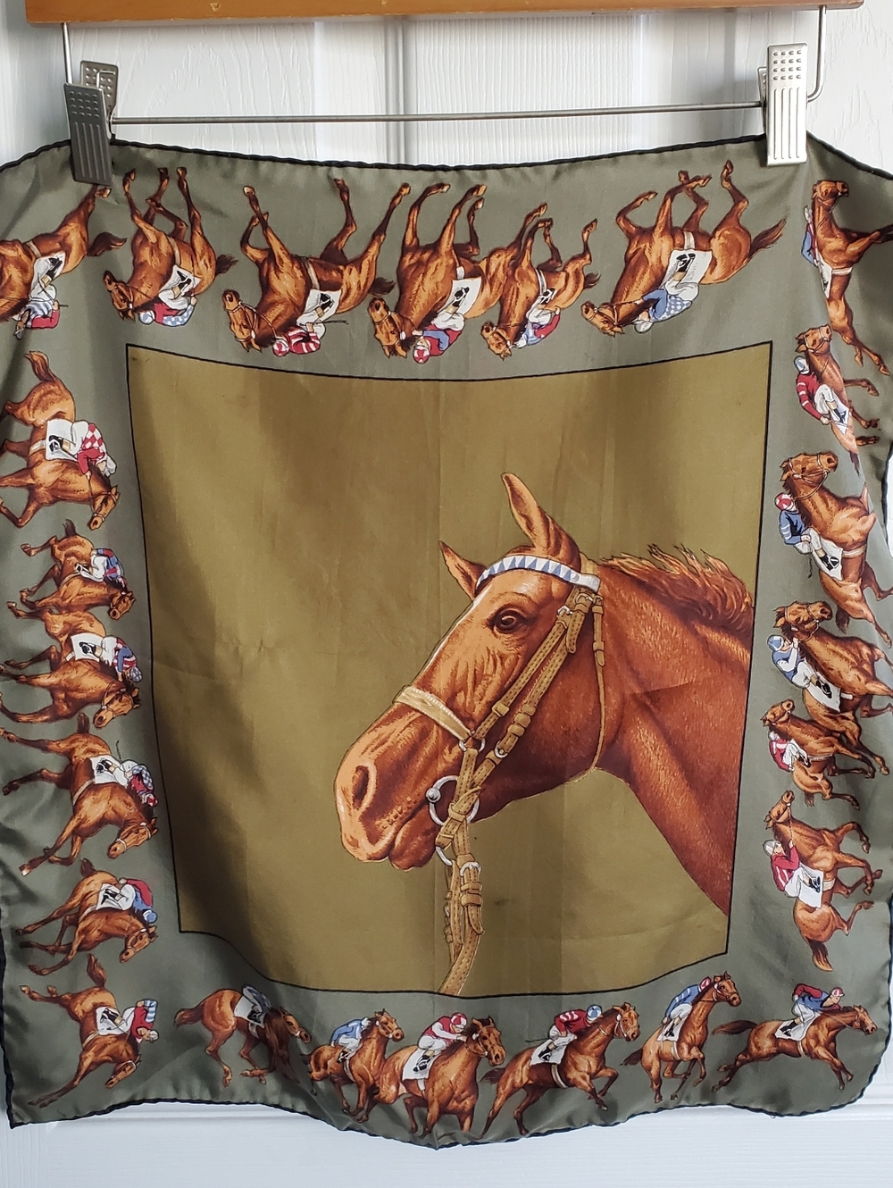 Equestrian Print 18" Square Scarf Hand Rolled Edge Horse Racing Derby